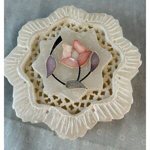 Vintage Soapstone Rufled Edge Trinket Box Mother of Pearl Inlay Hand Made India